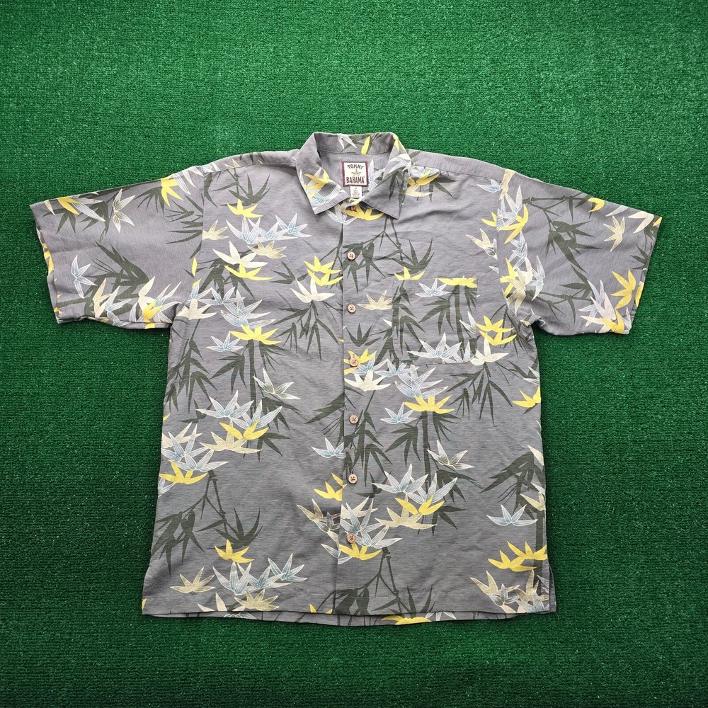 Vintage Tommy Bahama Hawaiian Shirt Mens Medium Gray Yellow Silk Bamboo Leaf